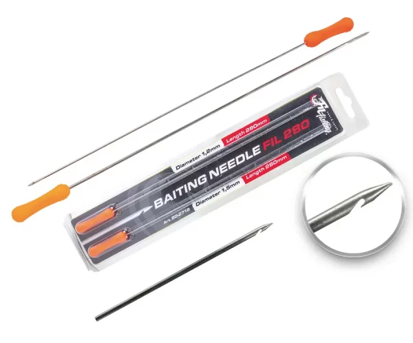 Baiting Needle Filex je set od dve igle za montazu zivih mamaca - kedera. U kompletu su 2 igle precnika 1,2mm i 1.5mm. Mogu se korisititi i u saranskom ribolovu